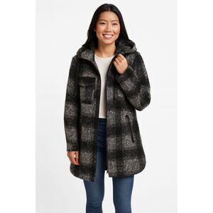 Weatherproof Hooded Women's Boucle Jacket Black/Gray Plaid. SZ M NEW